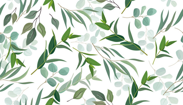 Seamless pattern of eucalyptus, fern, foliage, branches, green leaves