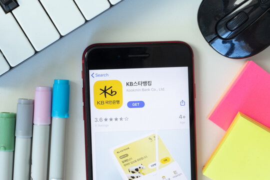 New York, USA - 2 March 2021: KB Kookmin Bank mobile app icon on phone screen, Illustrative Editorial.