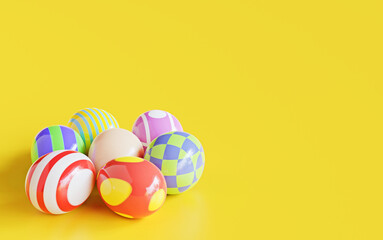 Colorful easter eggs isolated on a yellow background. 3d render