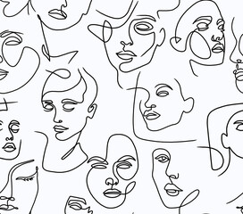 Abstract drawing of women's faces with black lines on a white background.Seamless pattern.	