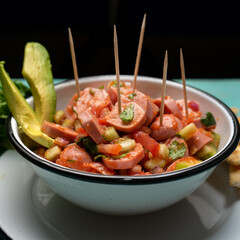 Wieners cocktail with avocado and ketchup on turquoise background. Mexican food