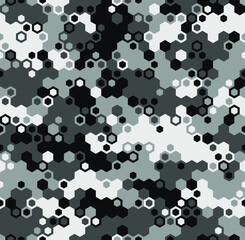 Hexagonal camouflage seamless pattern. Abstract digital geometric military endless camo background texture for fabric and fashion print. Vector illustration.