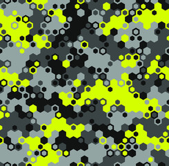 Hexagonal camouflage seamless pattern. Abstract digital geometric military endless camo background texture for fabric and fashion print. Vector illustration.
