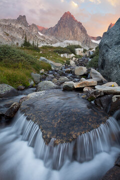 USA, California, Inyo National Forest. Stream with waterfall and Mount Ritter.
