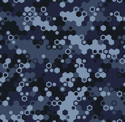 Hexagonal camouflage seamless pattern. Abstract digital geometric military endless camo background texture for fabric and fashion print. Vector illustration.