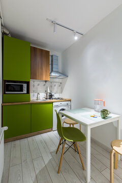 interior photography, kitchen in a small apartment, green