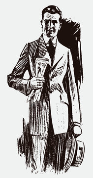 Friendly Smiling Young Man From The Early 20th Century In Frontal View, Wearing Suit, Holding Hat And Rolled Up Newspaper