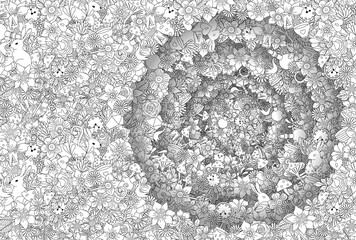 Wonderland cartoon doodles hand drawn line art detailed, with lots of objects. Wonderland rabbit hole. Vector illustration, cut paper background