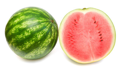 Collection of watermelon whole and half isolated on a white background. Top view, flat lay