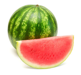 Whole watermelon and slice isolated on a white background