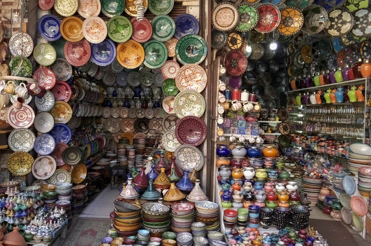 stalls selling ceramics in the famous souk of marrakesh
