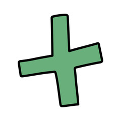 Green cross. Medicine items isolated. Vector hand drawn illustration in doodle style. Medical first aid kit