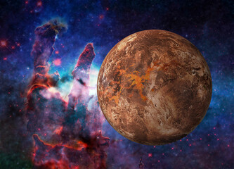 Fiction red planet Mars somewhere in space near Pillars of creation. Selective focus. Science fiction. Elements of this image were furnished by NASA