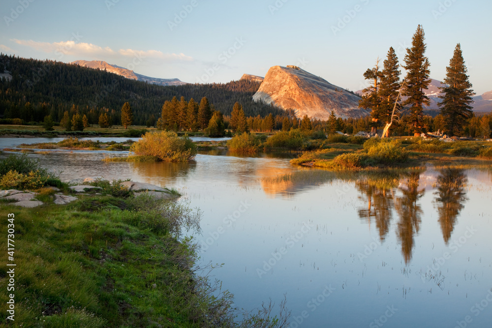 Poster usa, california, yosemite national park. lembert dome and tuolumne river landscape.