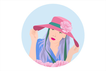Portrait of a pretty cute young woman in pink hat with peony flower as decoration. Spring blooming concept vector flat illustration.