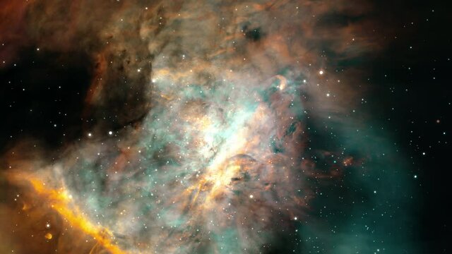 The Great Orion Nebula. Space Flight to star field Galaxy and Nebulae deep space exploration. 4K 3D Flight to 1,000 light-years away The Great Orion Nebula. Elements furnished by NASA image.
