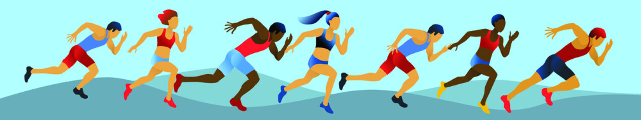 Long frame banner with running people. Vector illustration in flat minimalist style 