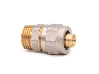 Fitting for PEX pipe isolated on white. Metal connector