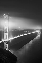 USA, California, San Francisco. Black and white of Golden Gate Bridge at night.