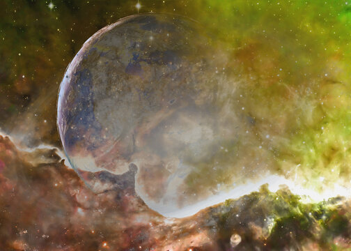 Planet Earth somewhere in extreme deep space far galaxies and stardust. Science fiction background. Elements of this 3D rendered illustration were furnished by NASA.