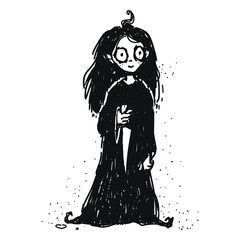 Digitally drawn illustration. Graphic style. Can be used as tattoo, print or background. Witch girl. 