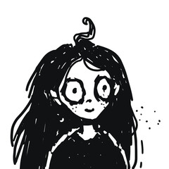 Digitally drawn illustration. Graphic style. Can be used as tattoo, print or background. Witch girl. 