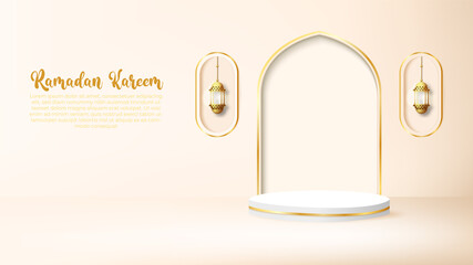 3d ramadan kareem background with golden lamp and podium.