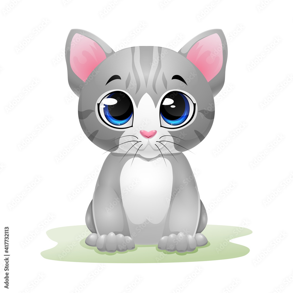 Poster cute kitten cartoon sitting in the grass