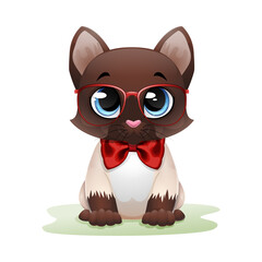 Cute cat cartoon in red glasses and bow