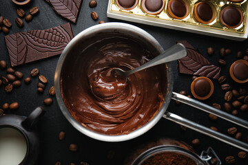 Melting chocolate in pot on dark