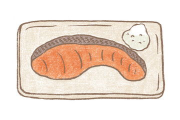 焼き魚　鮭　This is an illustration of Japanese home cooking. Grilled salmon with salt.