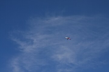 Fototapeta na wymiar Isolated airplane in the blue sky 