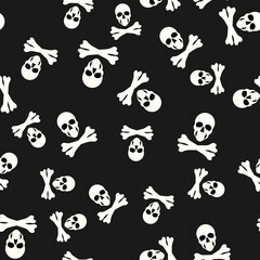 Seamless pattern with skull and bones on black background