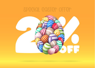 Happy Easter Sale banner. Easter Sale 20 off banner template with many Colorful Painted Easter Eggs. Vector illustration