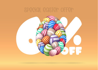 Happy Easter Sale banner. Easter Sale 60 off banner template with many Colorful Painted Easter Eggs. Vector illustration