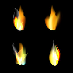 Set of realistic fire flames on black background