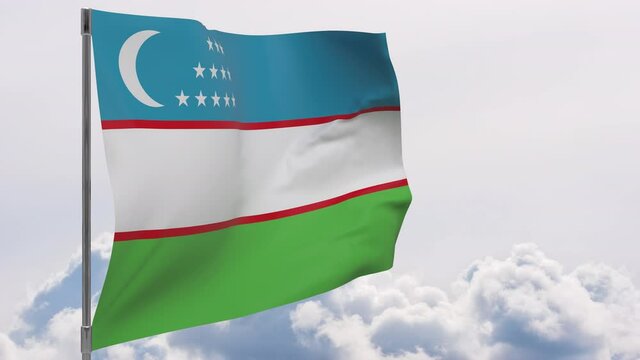 Uzbekistan flag on pole with sky background seamless loop 3d animation