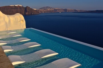 Santorini, Greece. Caldera view from the pool on the cliff. 
