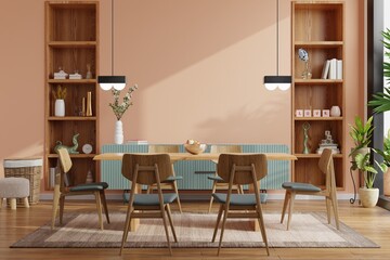 Modern dining room interior design with dark cream color wall.