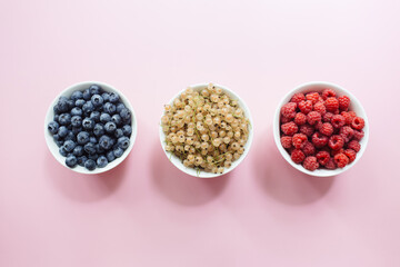Variety of fresh currant berries white, blueberries, raspberries in white bowls on pastel pink background. Flat lay, top view, copy space