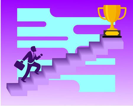 Vector Ilustration Ofusinessman Running Up Stairway To The Top Of Mountain, Achieve Victory. Business Concept Growth And The Path To Success, Flat Isometric Design.