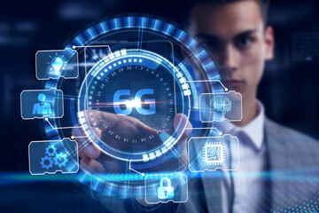 The concept of 6G network, high-speed mobile Internet, new generation networks. Business, modern technology, internet and networking concept.