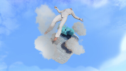 the concept of sleep, a man is flying in a dream render 3d 