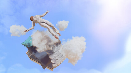 the concept of sleep, a man is flying in a dream render 3d 