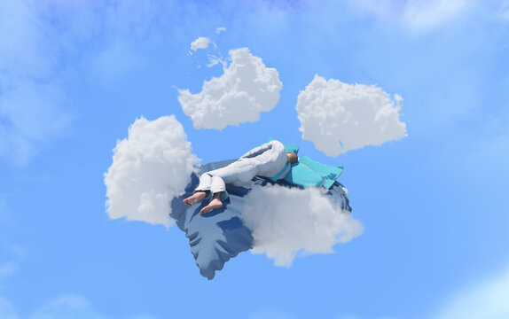 the concept of sleep, a man is flying in a dream render 3d 