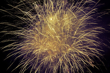 closeup abstract view of amazing natural, golden colored firework blast, explosion on dark sky background