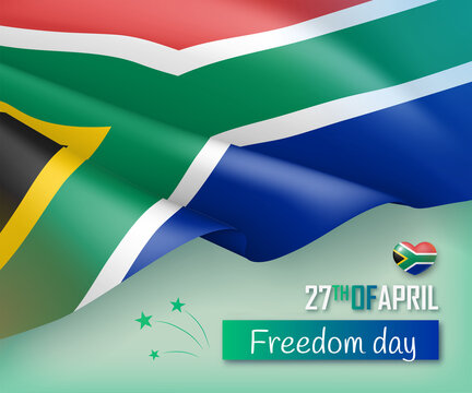 27 april South Africa Freedom Day. Festival banner, poster, flyer, card, background with waving national flag and greeting inscription realistic vector illustration