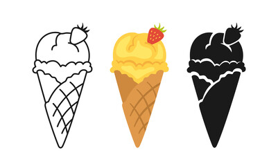 Vanilla Ice Cream with strawberry horn cartoon set, line icon and black glyph style. Kawaii bright summer collection sweet fast food. Comic sketch cone Ice cream. Isolated dessert vector illustration