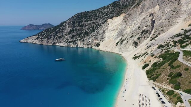 Kefalonia, Greece. Aerial view of Myrtos beach in the Ionian Sea of Greece.