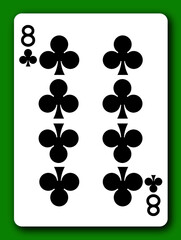 8 Eight of Clubs playing card with clipping path to remove background and shadow 3d illustration